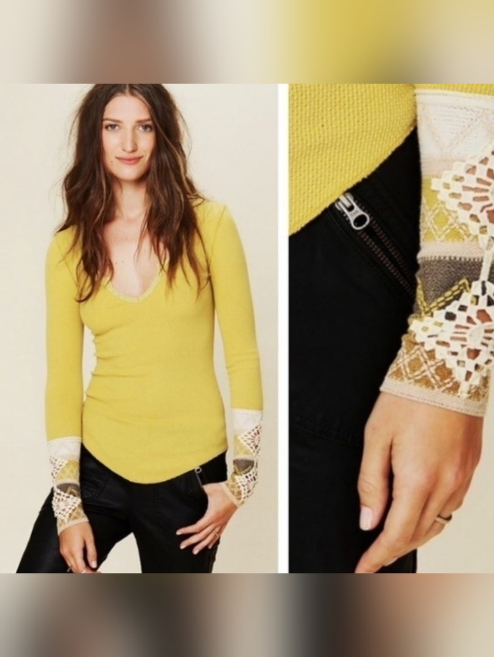 Free People Kombucha Crochet Knit Cuff Thermal Top in Lemongrass Size M